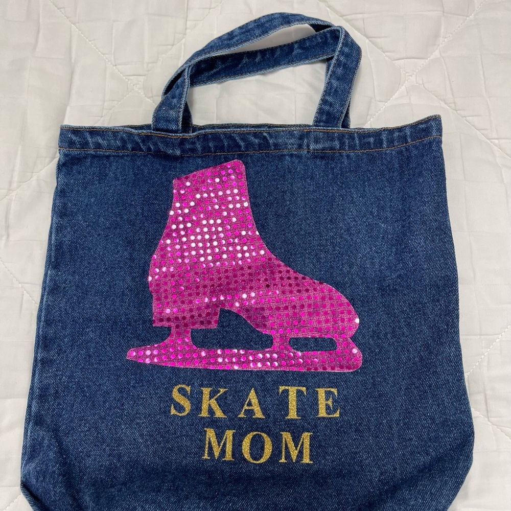 Denim Skate Mom Tote with sparkle ice skate appliqué